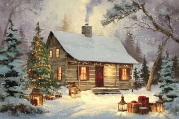 Cozy illuminated log cabin nestled in a snowy forest during winter twilight