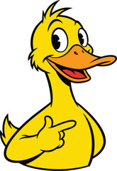 Cartoon duck character, cheerful yellow bird, pointing wing, happy expression, cute animal mascot, white background, kids content, vector illustration