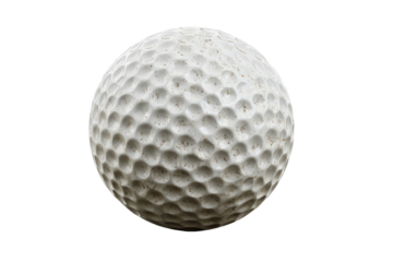 A close-up, full view of a golf ball, light beige/cream in color, with a dimpled surface