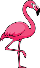 Cartoon flamingo illustration, pink bird standing, one leg pose, tropical animal art, stylized vector, bold outline, stock image