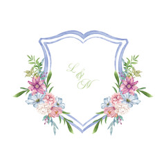 A beautiful watercolor floral crest featuring delicate pink, purple, and blue flowers framing a shield with initials L and M, perfect for elegant celebrations.