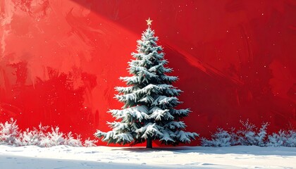 Snowy fir tree with star on red backdrop, surrounded by snow and shrubbery in a bright, stylized setting