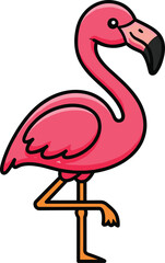 Cartoon flamingo standing, pink bird character, tropical animal pose, vector illustration, kids art, fun design, playful emotion, wildlife