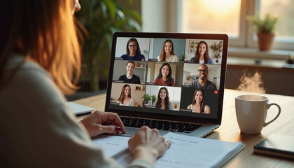 A woman participating in a virtual meeting on a laptop with nine participants in grid mode – A cozy home office with a cup of coffee and a laptop.