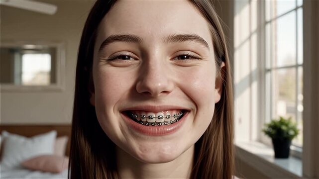 Close-up portrait of a smiling woman with metal brackets on teeth, symbolizing dental care, orthodontic treatment, and confident beauty for healthcare, wellness, and lifestyle projects.