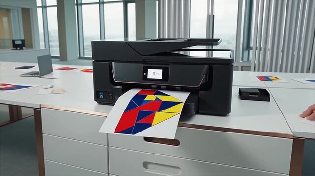 High-quality printer in action producing vibrant artwork, gradual zoom out reveals colorful print emerging in modern workspace, symbolizing creativity, technology, and productivity.
