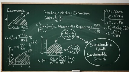 A chalkboard with economic diagrams, graphs, and mathematical formulas in white chalk - Powered by Adobe