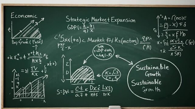 A chalkboard with economic diagrams, graphs, and mathematical formulas in white chalk