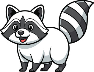 Cartoon raccoon character, cheerful white animal, smiling face, black mask, bushy tail, cute mascot, kids content, vector illustration