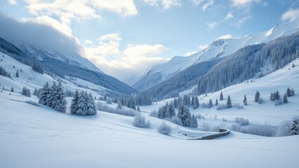 Fototapeta premium Serene Winter Mountain Landscape with Snow-Covered Valleys, Frosted Trees, and Soft Morning Light in Peaceful Alpine Scenery