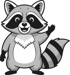 Cartoon raccoon character, waving hand, cheerful gray animal, friendly smile, cute mascot, white background, kids content, vector illustration