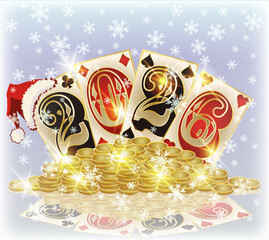 Happy 2026 new year. Christmas casino poker cards, vector illustration