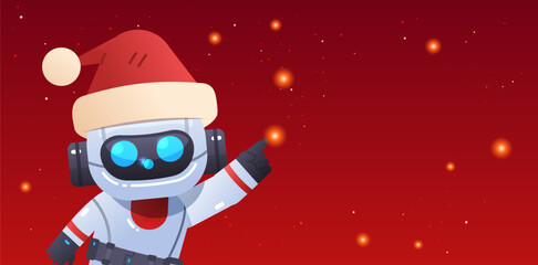 Adorable Christmas Robot Showing Copy Space Area. Red Holiday Background