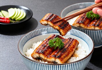 Ultra realistic Japanese unagi donburi with glossy grilled eel over rice, chopsticks lifting a tender slice, rich texture and soft lighting