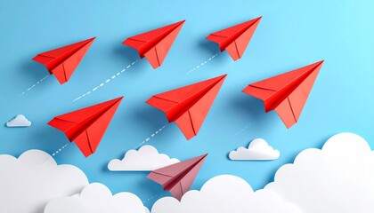 Red paper airplanes soaring through cotton clouds on a bright blue sky.
