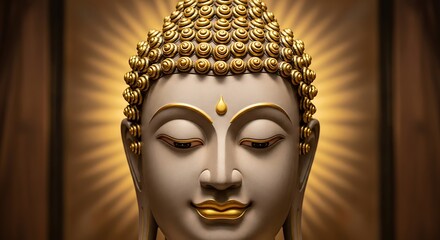 Serene Buddha statue with golden aura radiating light and peace.