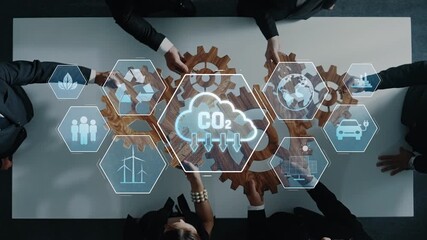 Aerial view of a business meeting focused on sustainability, showing hands on gears with infographics about carbon reduction and environmental strategies. Raster - Powered by Adobe
