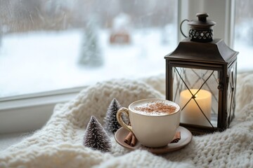Cozy winter scene features a warm beverage beside a glowing lantern on a windowsill overlooking snow