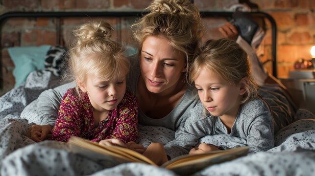 Family reading time on a cozy bed with children in a warm, inviting room