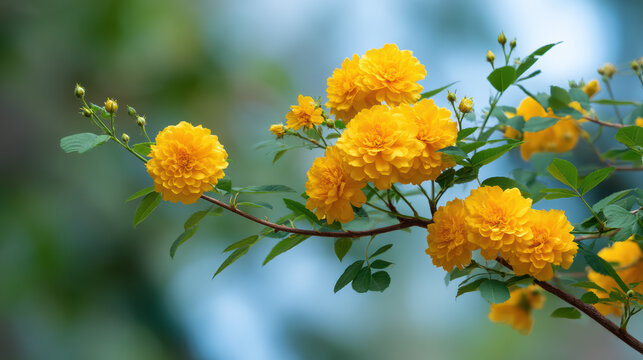 Radiant golden Kerria japonica flowers bloom beautifully on a delicate branch, showcasing vibrant color against a soft, blurred natural backdrop outdoors.