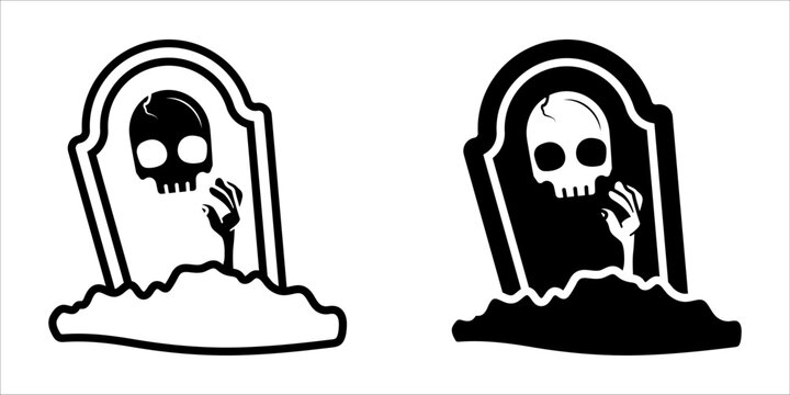Gravestone icon set. A minimalist flat illustration of a skull and hand emerging from a grave on a tombstone, perfect for Halloween or horror themed designs. Available in black and white.