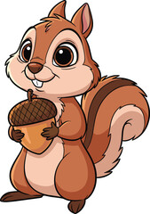 Cartoon squirrel with acorn, cute forest animal, smiling character design, vector illustration, kids art, playful emotion, woodland creature, fun