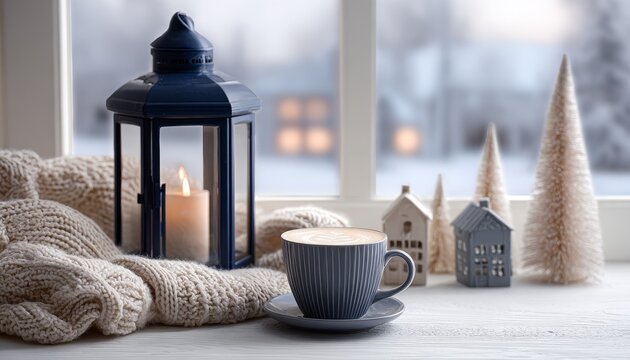 Warm beverage and glowing lantern create cozy atmosphere beside frosty window view