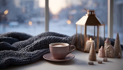 Cozy indoor scene features warm beverage beside decorative winter accents against a snowy outdoor backdrop