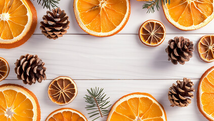Flat Lay Arrangement of Sliced Christmas Fruitcake Garnished with Dried Orange Rings, Surrounded by Natural Pine Cones and Seasonal D&eacute;cor