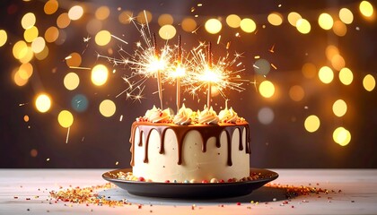 Sparklers atop frosted cake with chocolate drip, against a bokeh background, celebrates