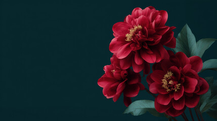 Three dark red dahlia flowers with yellow centers are arranged against a deep teal background creating a dramatic and beautiful floral composition of nature.