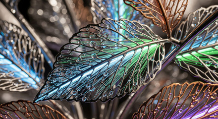 Macro shot of a metallic leaf with glowing blue and green veins and water droplets. Use for tech backgrounds, innovation, bionics, or nanotechnology themes.