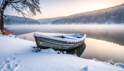 Snowy lakeside with a small boat covered in snow on the shore under a hazy sky and snow-covered forest backdrop