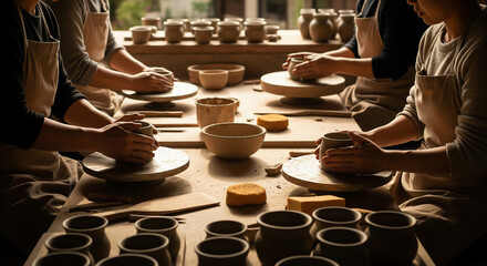 A group of people learn to make pottery on wheels in a craft studio. Perfect for promoting workshops, hobbies, team-building, and artisanal skills.