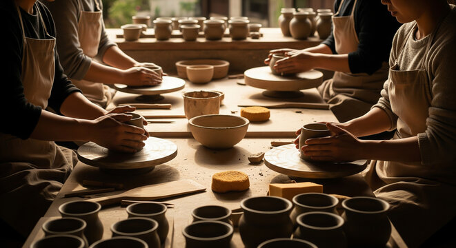 A group of people learn to make pottery on wheels in a craft studio. Perfect for promoting workshops, hobbies, team-building, and artisanal skills.