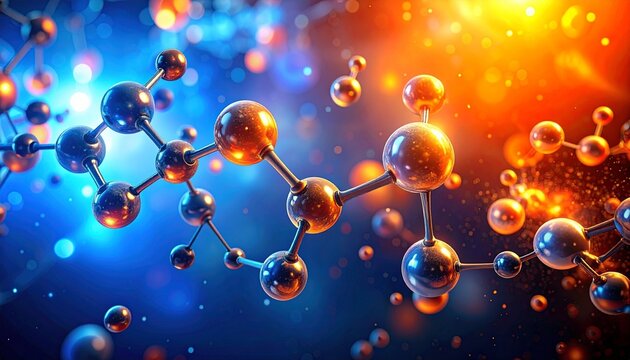 Stylized molecular structure with glowing atoms and rods, set against a vibrant blue-orange gradient.