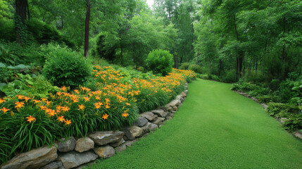 Obraz premium A picturesque grassy path winds through a vibrant garden filled with blooming orange daylilies and lush green foliage leading into a peaceful, wooded area.
