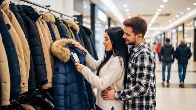 Man and woman choosing winter coats in a mall, happy couple shopping for clothing during mega sales event.