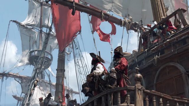 ai generated video of captains of pirate crew sailing on windy sea. camera zooming out showing pirate ship