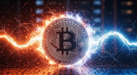 Central Bitcoin symbol surrounded by vibrant orange and blue electrical streams representing digital currency power financial technology and market competition