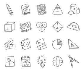 Geometry set in outline line art showing educational tools, books, chart, and shapes for learning, measurement, drawing, studying, teaching, and knowledge development for classroom projects