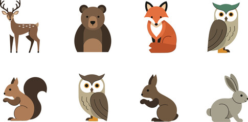 Fototapeta premium Charming flat illustrations of forest animals including a deer, bear, fox, owls, squirrel, and rabbits.