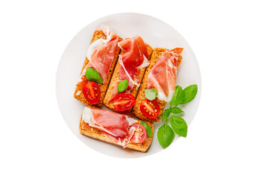 jamon bruschetta prosciutto appetizer portioned tapas dish natural tasty snack fresh delicious gourmet food background on the table rustic top view copy space
