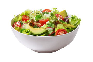 Fresh salad in a white bowl.  Colorful mix of greens, avocado, cherry tomatoes, lime wedges, and herbs.  Healthy, vibrant, and ready to eat