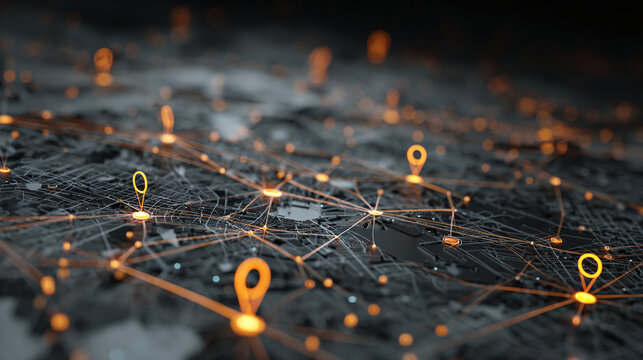 A digital network of glowing location markers across a dark surface, symbolizing global connectivity - Powered by Adobe
