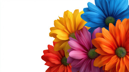 A colorful arrangement of vivid daisy flowers blooms against a clean white backdrop creating a vibrant, cheerful floral design for sptime celebrations.