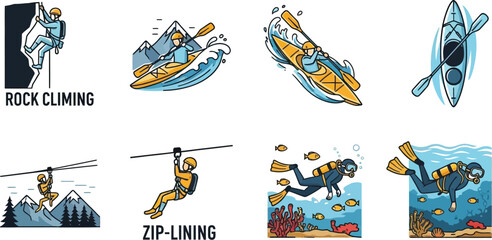Dynamic illustrations of adventure sports: rock climbing, kayaking, ziplining, and scuba diving