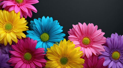 Colorful daisies in vibrant shades of pink, yellow, blue, and purple are beautifully arranged against a sleek, dark background, creating a cheerful, floral display.