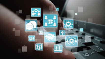 People networking and digital community with teamwork, partnership, collaboration and connection icons showing modern communication and relationship building. Funnel - Powered by Adobe