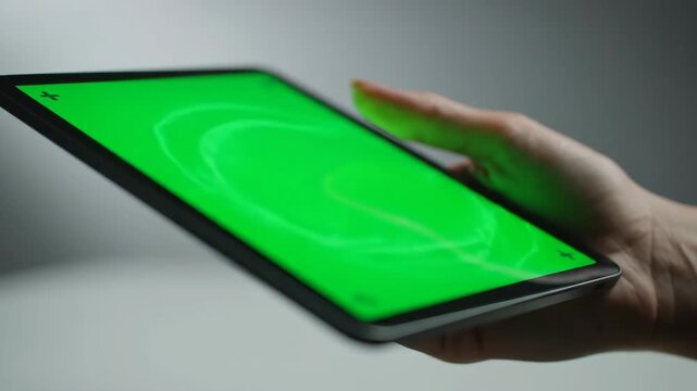 Hand Interacting with Tablet Green Screen for Customizable Content Placement and Technology Integration in Modern Application Design